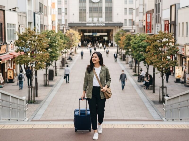 Kannaya Nareswari small in a wide view of a pedestrian street near Namba Station in Osaka, pulling a navy suitcase