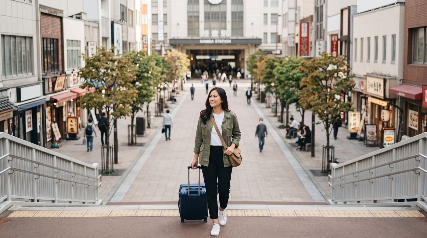 Kannaya Nareswari small in a wide view of a pedestrian street near Namba Station in Osaka, pulling a navy suitcase