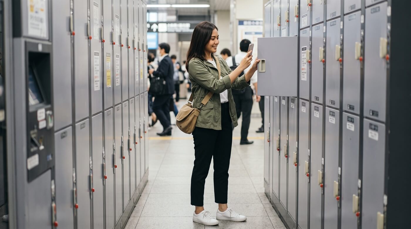 Kannaya Nareswari photographs her locker door with her phone at a bank of coin lockers in an Osaka station