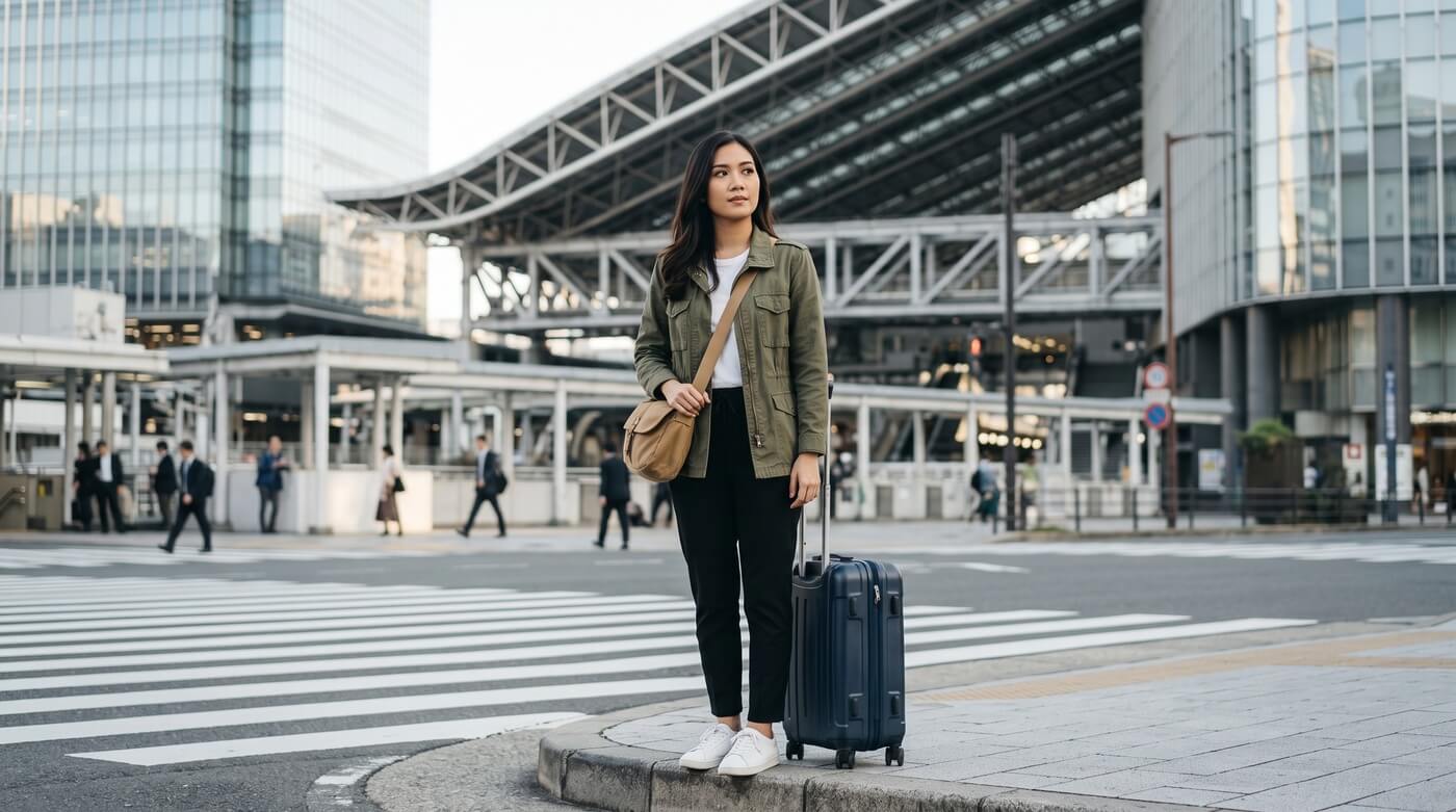 Kannaya Nareswari waits at a pedestrian crossing in Umeda, Osaka, with her navy suitcase, towers and Osaka Station behind