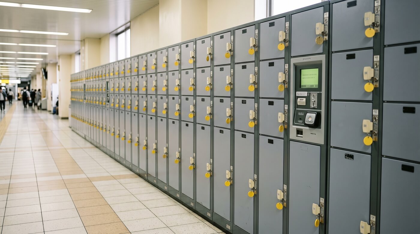 A bank of station coin lockers in small, medium and large sizes in a corridor of an Osaka railway station