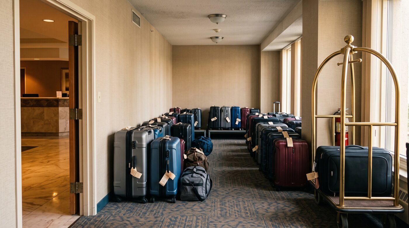 Guests' suitcases with claim tags lined up in a hotel luggage room in Osaka before check-in