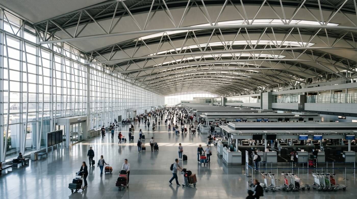 The long, curved departure hall of Kansai International Airport Terminal 1 with travellers and luggage trolleys