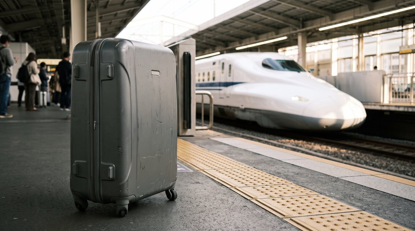 A white Shinkansen train at a Shin-Osaka Station platform with a large suitcase waiting by the platform edge line