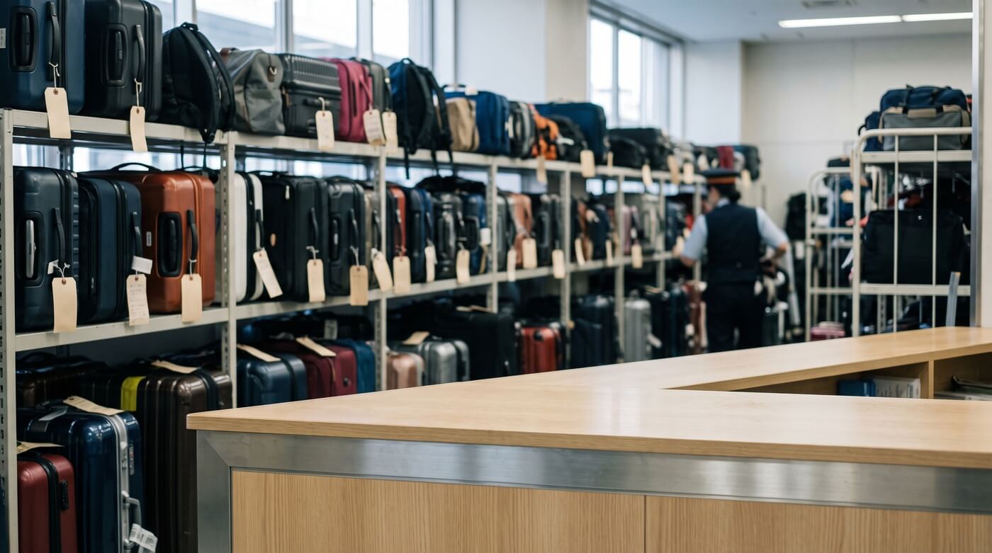 Tagged suitcases stored on metal shelves behind a staffed baggage counter in an Osaka station