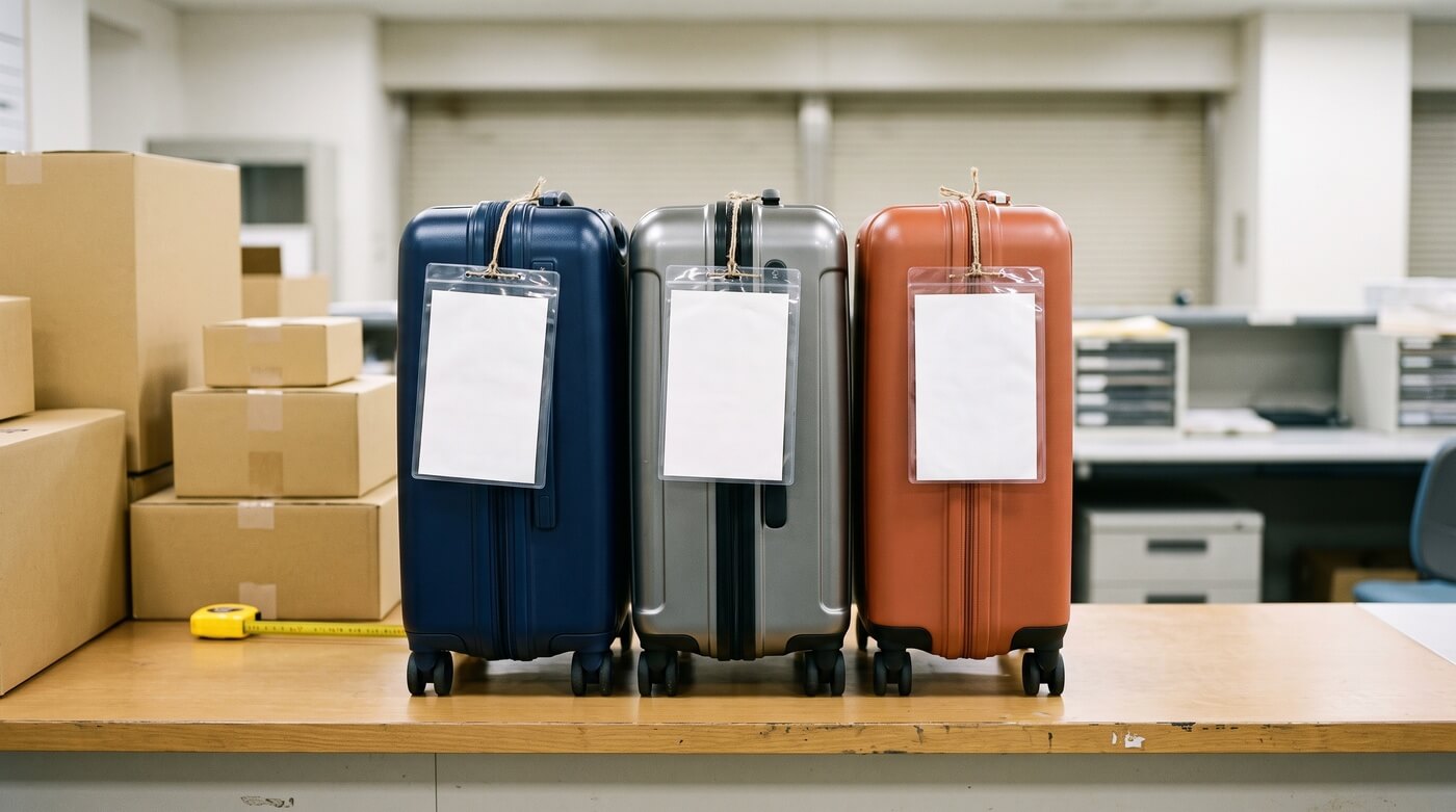 Suitcases with delivery slips waiting at a parcel counter in Osaka for same-day delivery to hotels